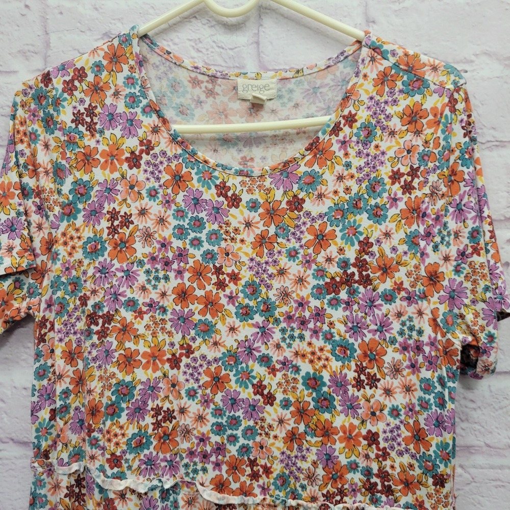 Greige Floral Tiered Cottage Dress Sz L Stretch Boho Lightweight Feminine Summer - Picture 3 of 8